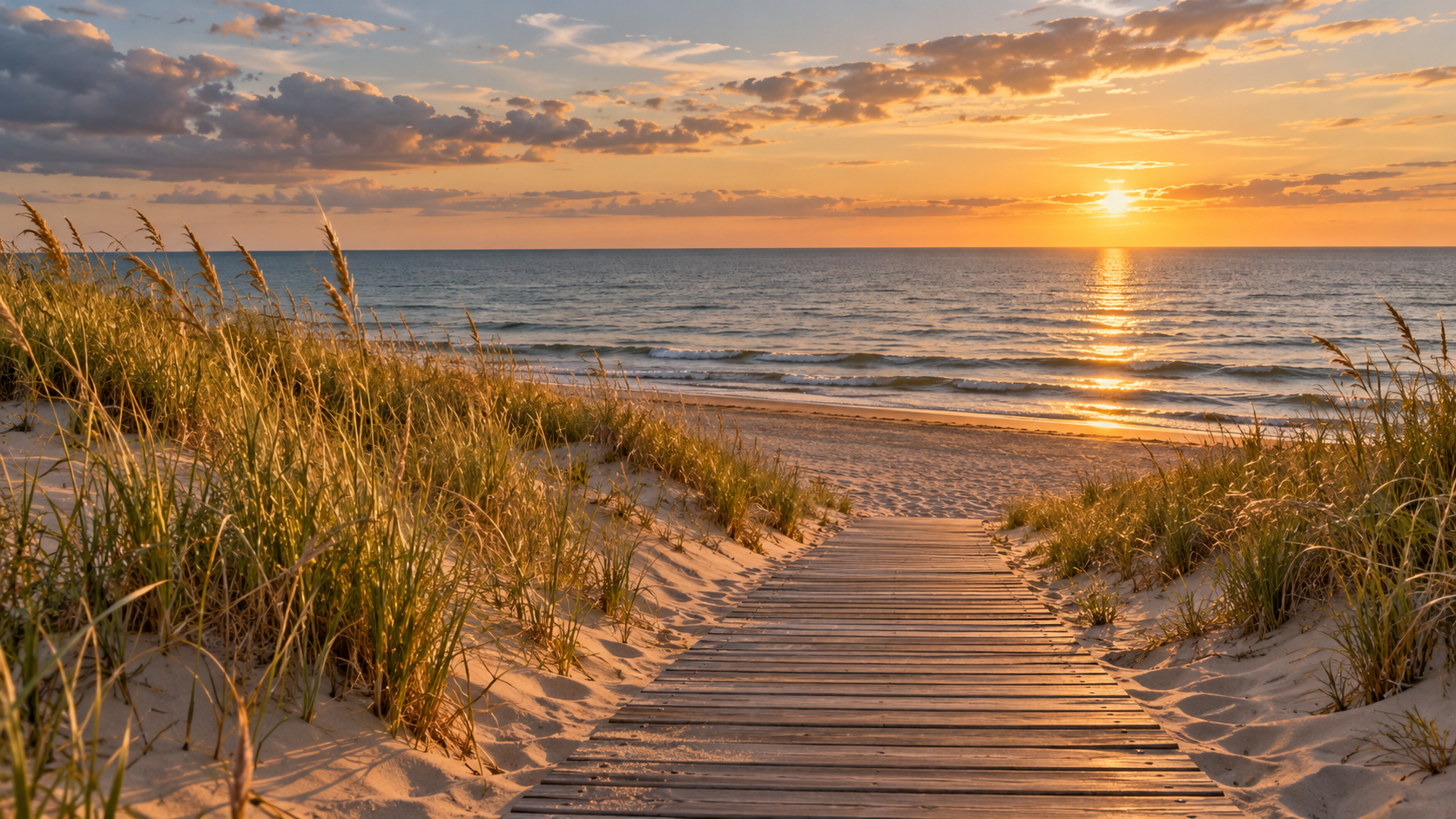 A wooden boardwalk through sandy dunes toward Lake Michigan at sunset